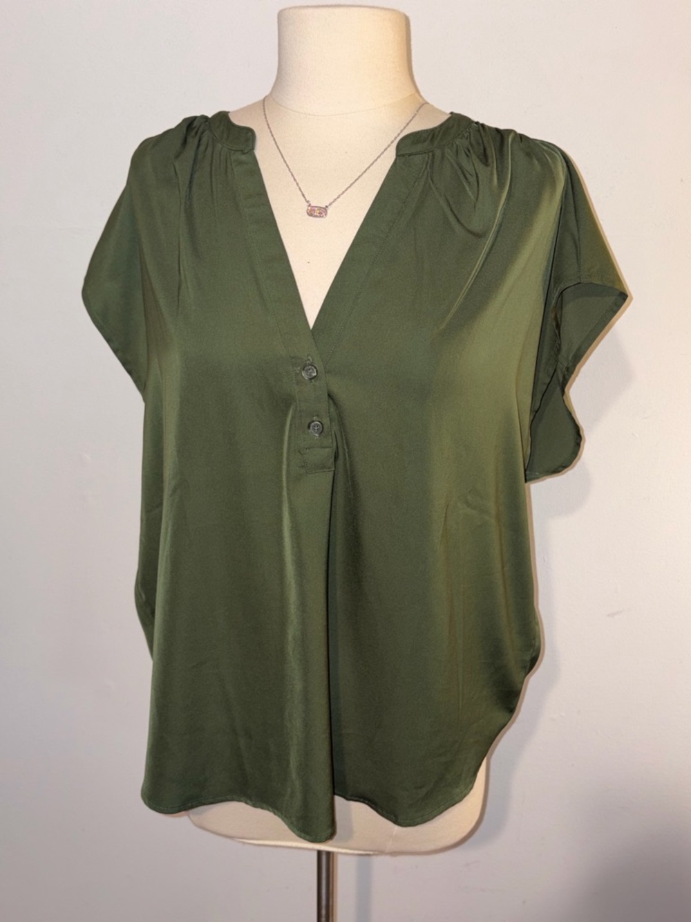 Banana Republic Olive Green V-Neck Cap Sleeve Satin Blouse